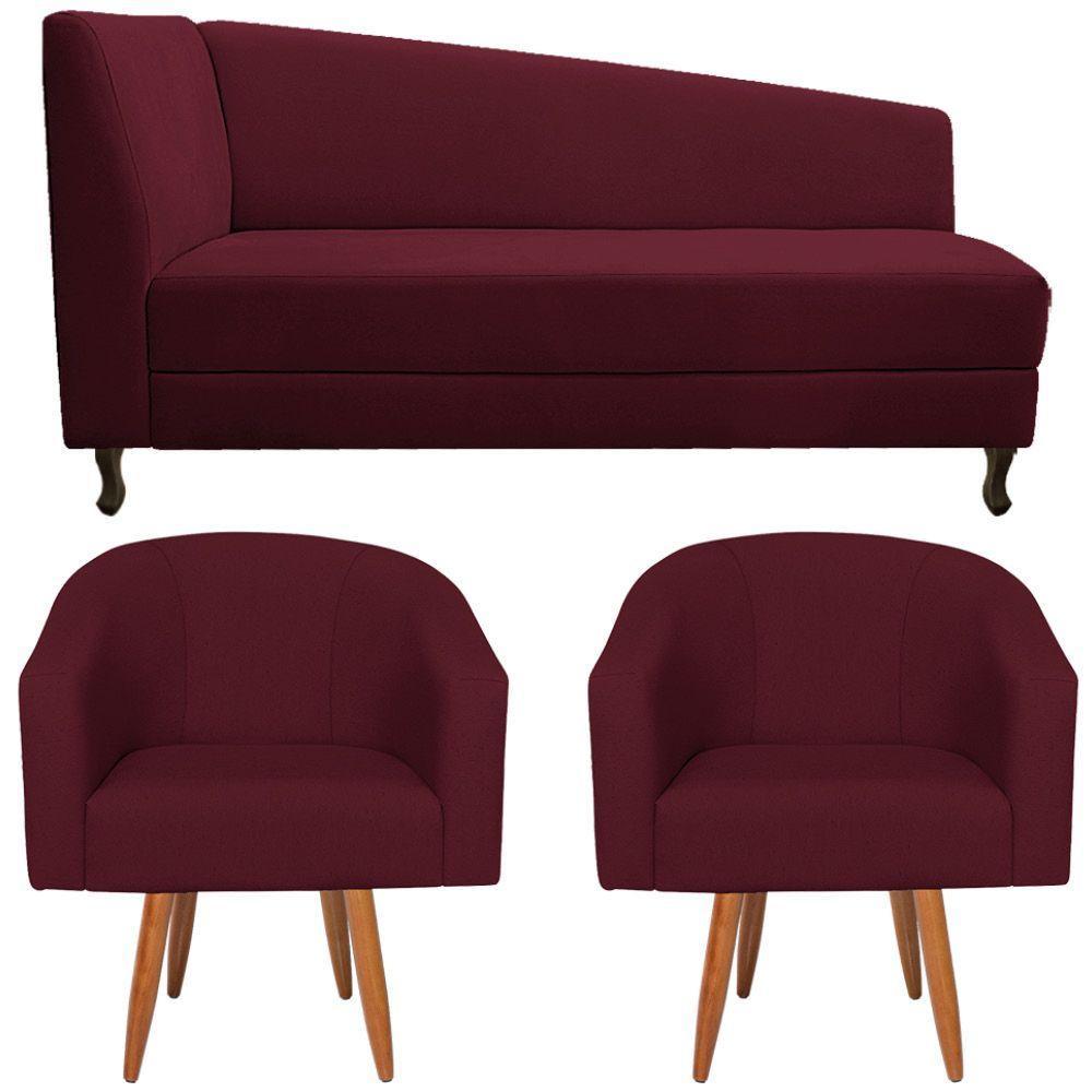 Kit Diva Recamier Heitor 185Cm Lado Direito E 02 Poltronas Luiza Suede - Amarena Móveis Bordô - 6