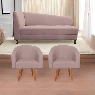 Kit Diva Recamier Heitor 185Cm Lado Direito E 02 Poltronas Luiza Linho - Amarena Móveis Rosê