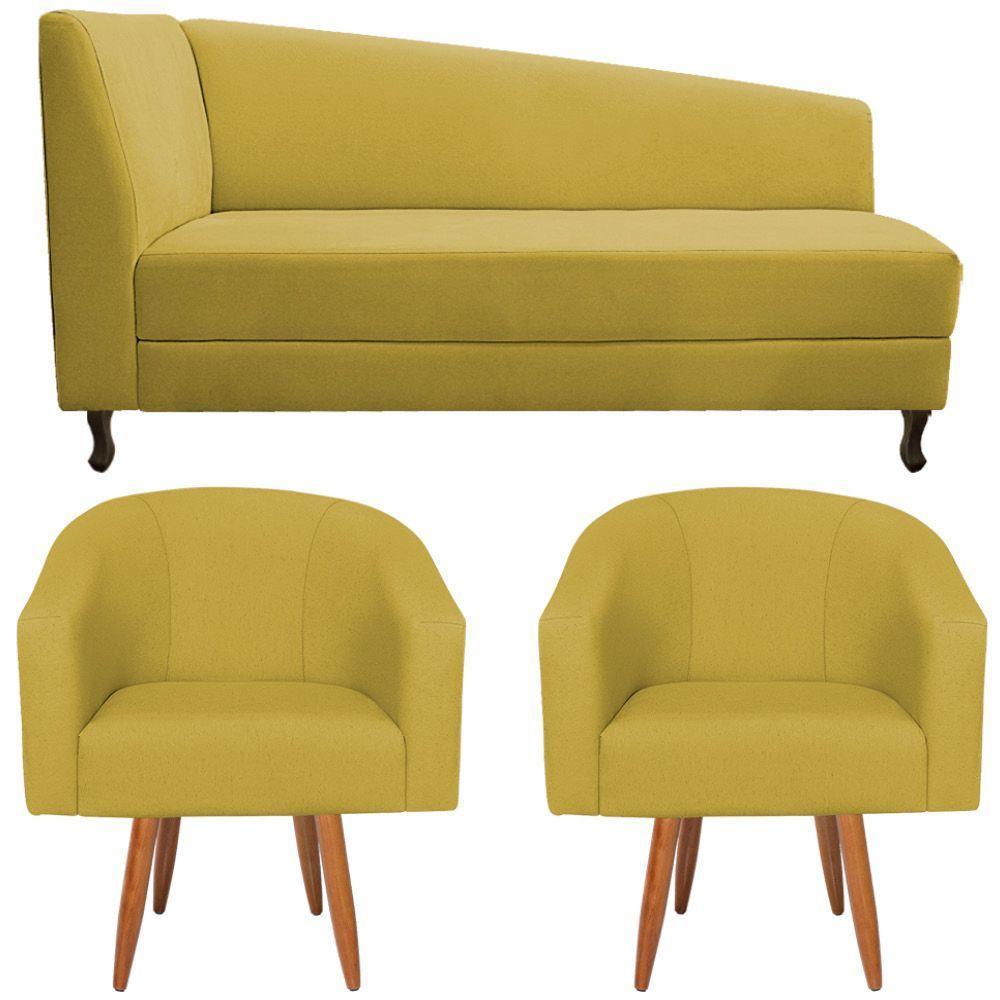 Kit Diva Recamier Heitor 185Cm Lado Direito E 02 Poltronas Luiza Suede - Amarena Móveis Amarelo - 6