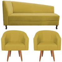 Kit Diva Recamier Heitor 185Cm Lado Direito E 02 Poltronas Luiza Suede - Amarena Móveis Amarelo - 6