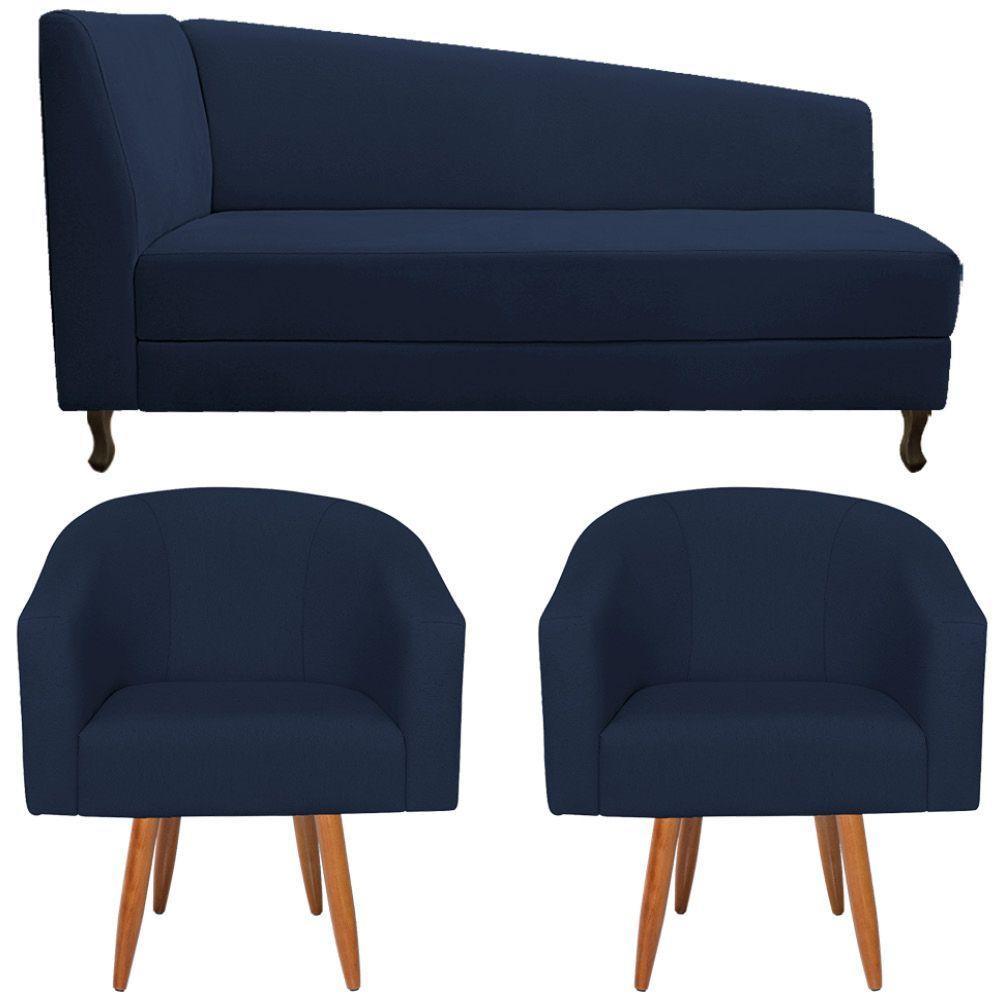 Kit Diva Recamier Heitor 185Cm Lado Direito E 02 Poltronas Luiza Suede - Amarena Móveis Azul Marinho - 6
