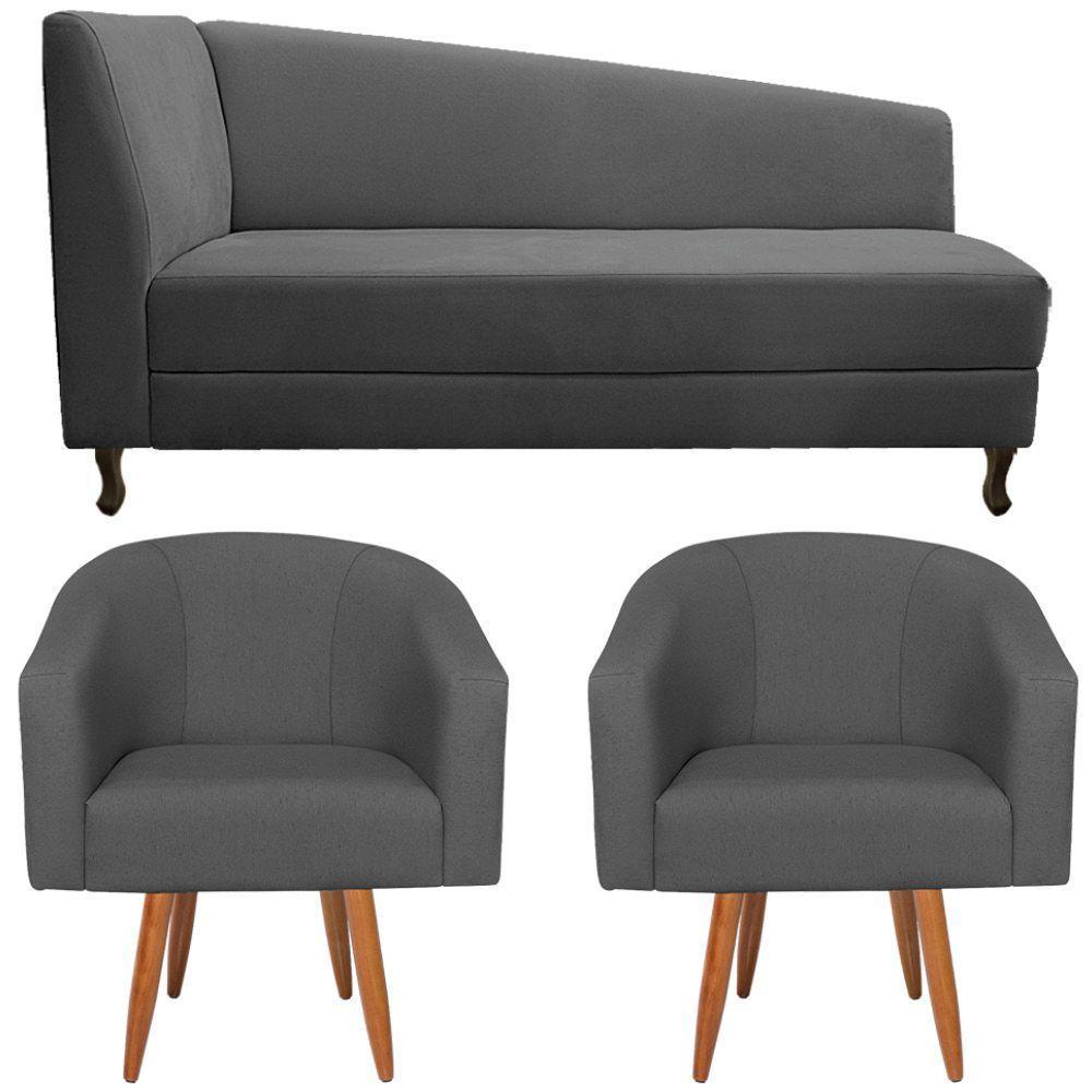 Kit Diva Recamier Heitor 185Cm Lado Direito E 02 Poltronas Luiza Linho - Amarena Móveis Cinza Escuro - 8
