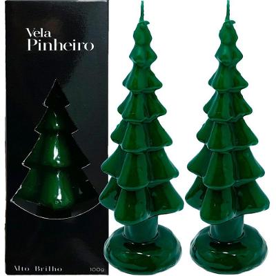 Velas Decorativas Natalinas Modelo Pinheiro Textura Tronco Galhos Brilhantes Verde 20cm Kit 2 Peças