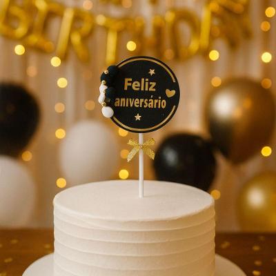 Topo de Bolo Feliz Aniversário Redondo Laço 18cm Preto Extra Festas