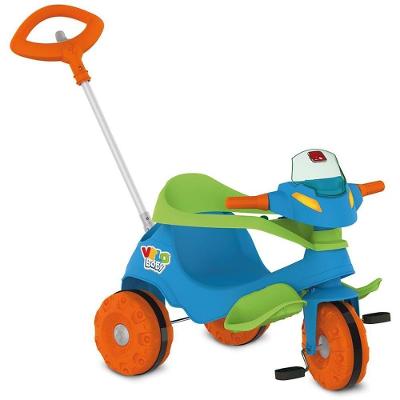 Triciclo Velobabay Passeio e Pedal Haste Direcionável Azul Brinquedos Bandeirante
