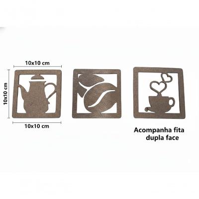 Trio Placas Decorativas Cantinho do Café 10x10CM em MDF Mógno