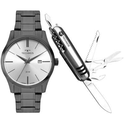 Kit Relógio Masculino Technos Steel Analógico Aço Inox Grafite