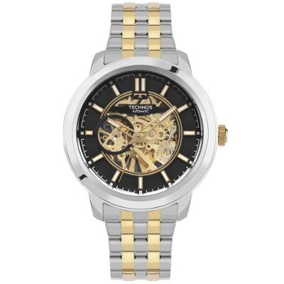 Relógio Masculino Skeleton Automático Aço Inox Bicolor Prata Technos