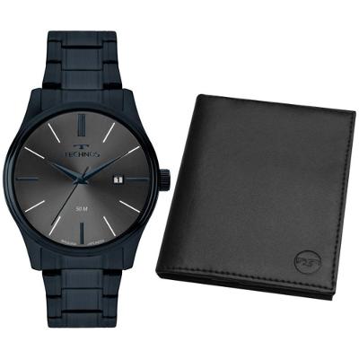 Kit Relógio Masculino Technos Steel Aço Inox Analógico Azul 2115UBT-K1F