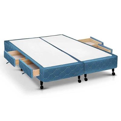 Cama Box Queen Poli Blue 4 Gavetas Madeira Tecido Azul Colchões Castor