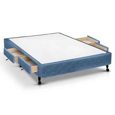 Cama Box Casal Poli Blue 4 Gavetas Madeira Tecido Azul Colchões Castor