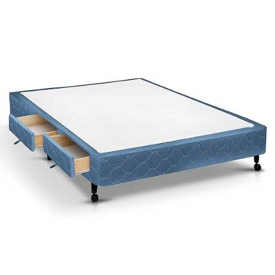 Cama Box Casal Poli Blue 2 Gavetas Madeira Tecido Azul Colchões Castor