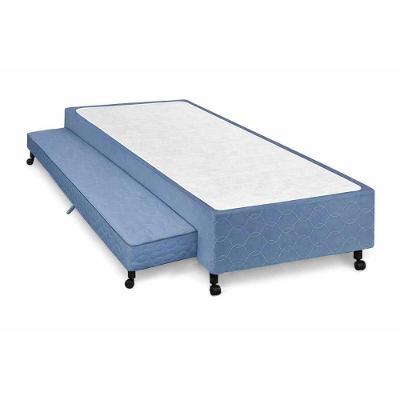 Cama Box Solteiro Tecido Blue Madeira com Rodízios Azul Colchões Castor