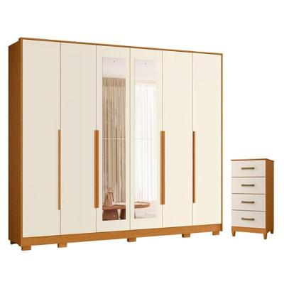 Guarda Roupa Casal Mercure 6 Portas de Bater e Cômoda Mobi 4 Gavetas MDP Cinamomo Off White