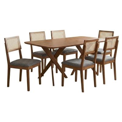 Mesa Jantar Cacau 6 Lugares MDF Cadeiras Estofadas Linho Grafite Milani Movelaria