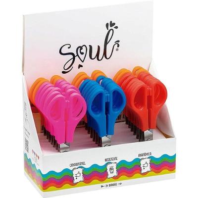 Tesoura Escolar BRW Aço Inoxidável 13cm com Régua Display 24 Neon