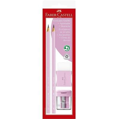 Kit Escolar Faber-Castell Rosa Pastel Borracha e Apontador