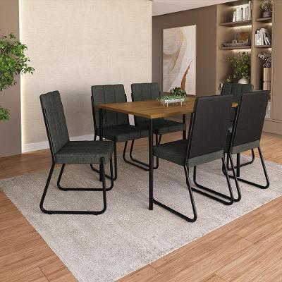 Conjunto de Jantar Orlando 6 Lugares Tampo MDP Couro Sintético Preto 120CM Móveis Carraro