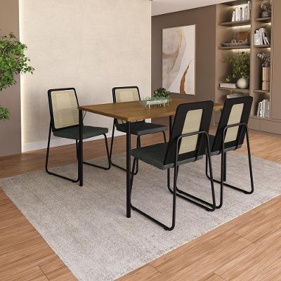 Conjunto Jantar Bulgaria 4 Lugares MDP Couro Sintético Preto 120CM Móveis Carraro