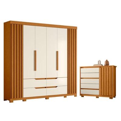 Kit Guarda Roupa Casal Doble 6 Portas e Cômoda Sapateira Duetto 5 Gavetas Cinamomo Off White