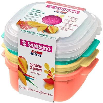 Conjunto 3 Potes Plásticos Quadrados 480ML Atóxico Freezer Sanremo