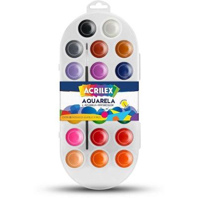 Aquarela Escolar Acrilex 20 Cores com Pincel e Estojo