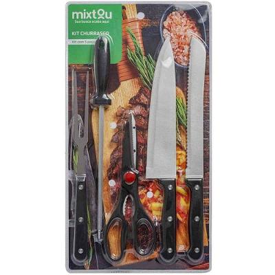 Kit Churrasco 5 Peças Tesoura Amolador Facas Serrilhadas e Garfo Santana