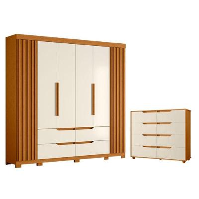 Guarda Roupa Casal Doble 6 Portas e Cômoda 8 Gavetas MDP Cinamomo Off White