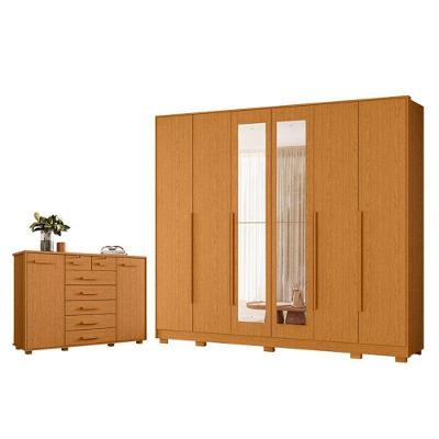 Guarda Roupa Casal Mercure 6 Portas com Espelho e Cômoda Fontana 7 Gavetas MDP Cinamomo