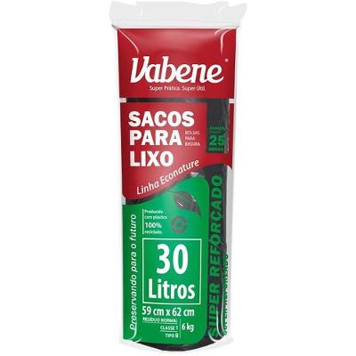 Saco para Lixo 30L Preto 35 Micras Plástico Rolo com 25 Vabene