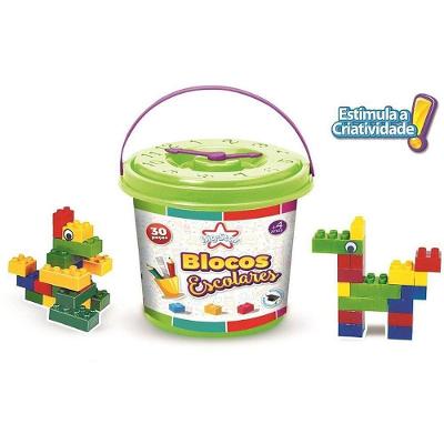 Brinquedo Montar Balde Blocos Escolares 30 Peças Plástico Atóxico Big Star