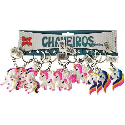 Chaveiro Unicórnio Arco-Íris Plástico 4,5cm com 12 Unidades Make+