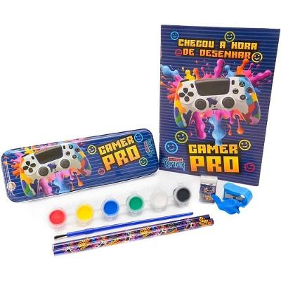 Kit Escolar Polibrinq 6 Peças Estojo Metalizado Verde e Azul