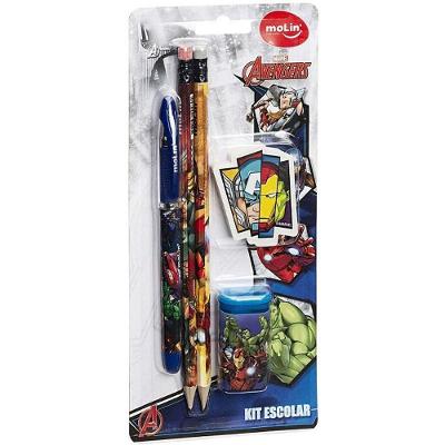 Kit Escolar Molin do Brasil The Avengers Caneta Lápis Borracha e Apontador