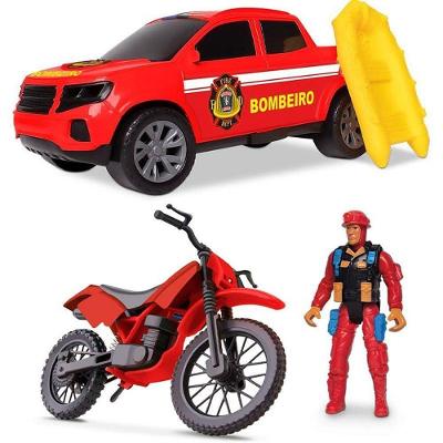 Carrinho de Brinquedo Kit Resgate Moto Pickup Bote e Figura Samba Toys