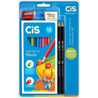 Kit Escolar Cis com 5 Peças Lápis de Cor Plastic Apontador Borracha