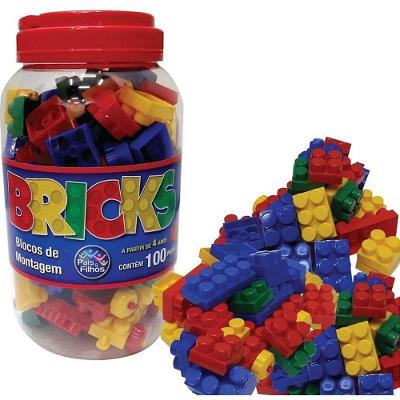 Blocos de Montagem Bricks 100 Peças Coloridas com Pote Pais & Filhos