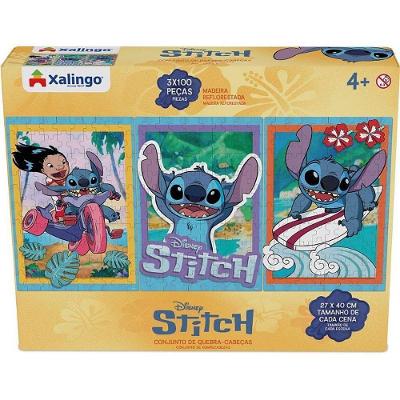 Quebra-Cabeça Stitch 3x100 Peças Kit Madeira Reflorestada Xalingo