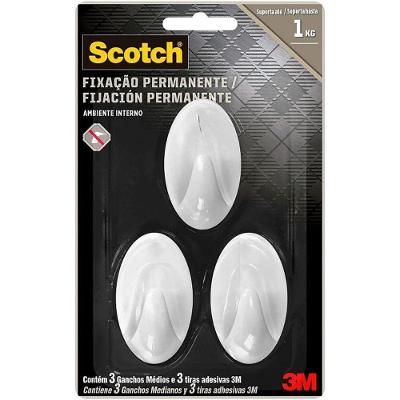 Gancho Adesivo Plástico Fixação Permanente Interno Branco Scotch 3 Unidades