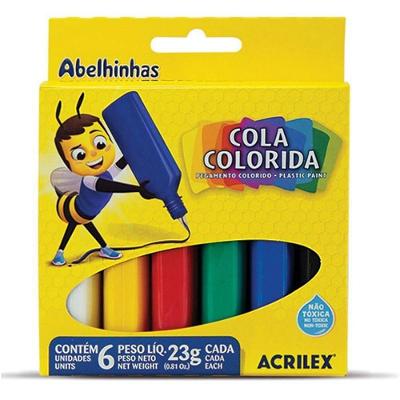 Cola Colorida Escolar Acrilex Estojo 06 Cores 23g com Bico Aplicador