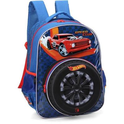 Mochila Infantil Hot Wheels g Bolso Frontal em Pneu Azul Luxcel