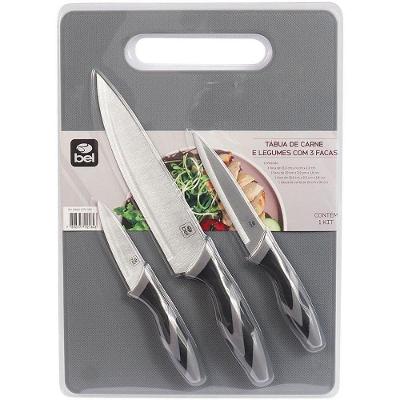 Kit Tábua de Corte com 3 Facas para Carnes e Legumes Cozinha Belfix