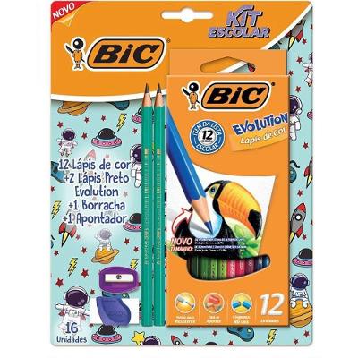 Kit Escolar BIC Básico Evolution Lápis de Cor Preto 16 Unidades