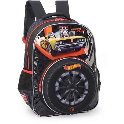 Mochila Infantil Hot Wheels g Bolso Frontal em Pneu Preta Luxcel