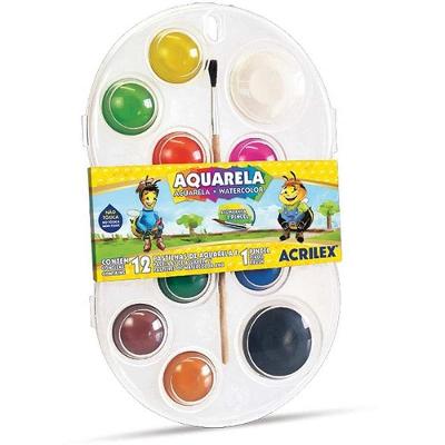 Aquarela Escolar Acrilex Estojo 12 Cores Miscíveis com Pincel