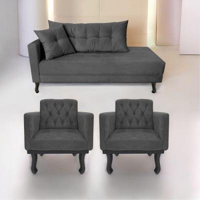 Kit Diva Recamier Azura 185Cm Lado Direito E 02 Poltronas Linho - Doce Sonho Móveis Cinzaescuro
