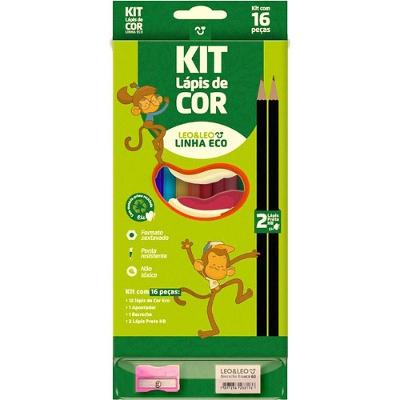 Kit Escolar Leonora Eco Lápis de Cor Sextavado 12 Cores com Acessórios Pacote com 4