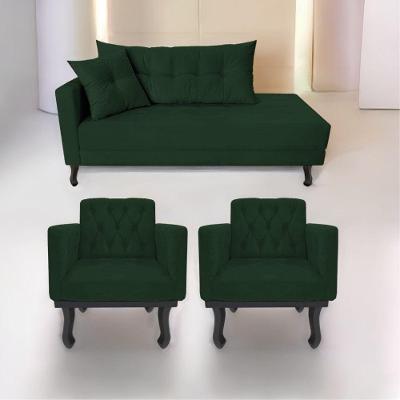 Kit Diva Recamier Azura 185Cm Lado Direito E 02 Poltronas Classic Suede - Doce Sonho Móveis Verde