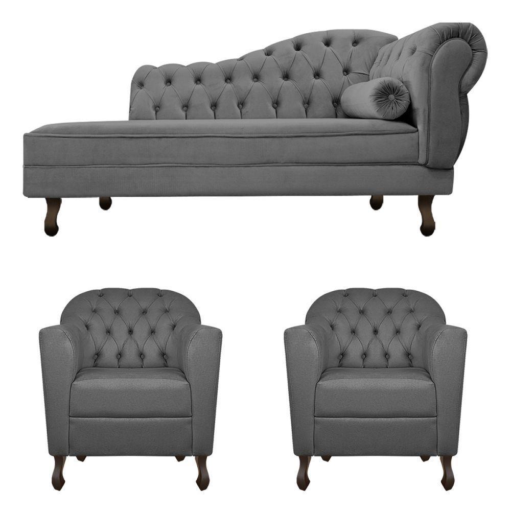 Kit Diva 160Cm Lado Esquerdo E 02 Poltronas Julia Linho - Doce Sonho Móveis Cinza Escuro - 6