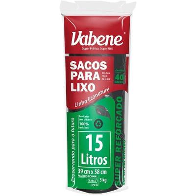Saco para Lixo 15L Preto 39x58cm 35 Micras 40 Unidades Vabene